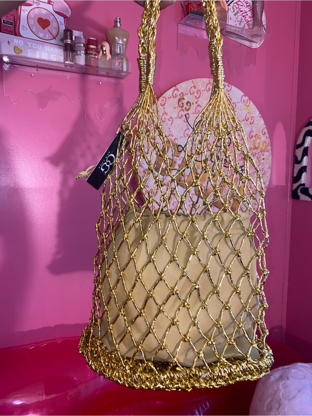 Fashion Nova Gold Braided Mesh Shoulder Tote with Beige Pouch